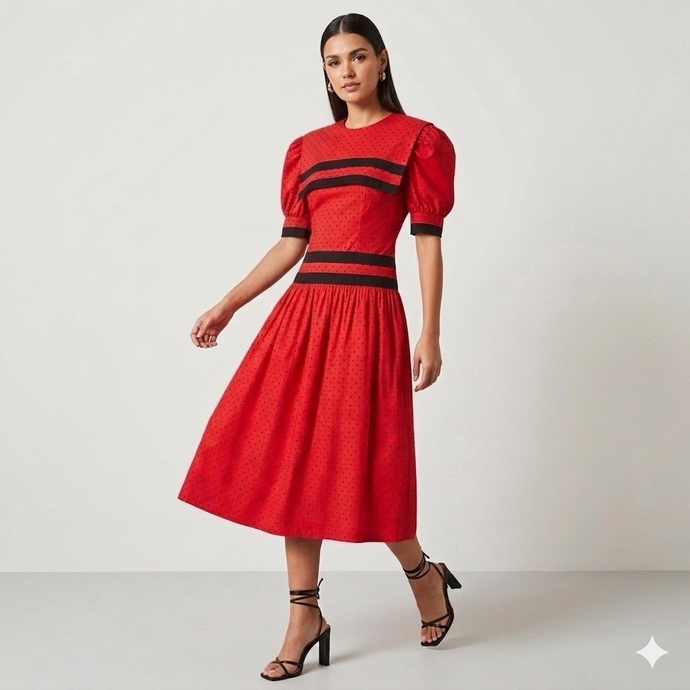 Vintage Red Polka Dot Sailor Collar Midi Dress Size 10 USA Puff Sleeve USA Made